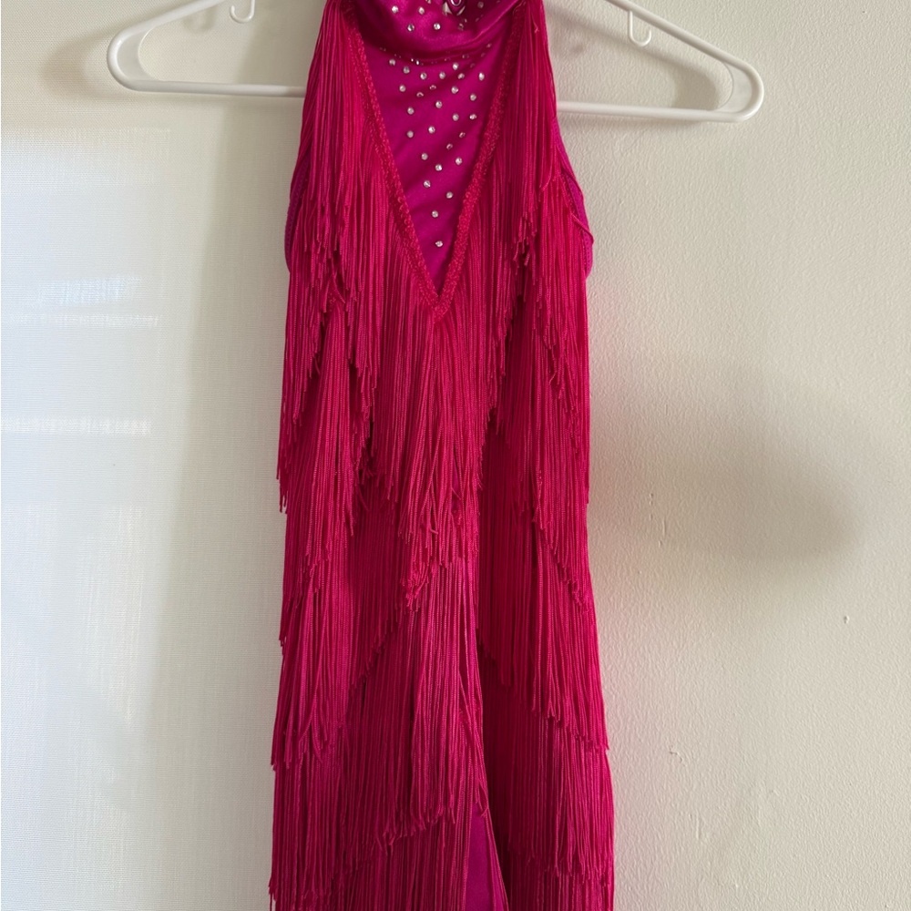 Weissman Dancewear Pink Fringe Dress with Rhinestones